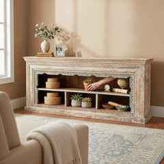 KB ART KB ART Whitewashed Carved Frame Open Shelf TV Console – Handcrafted Premium Solid Wood Jodhpur Rajasthani Decor – Handcrafted Boho Jodhpur Home Decor