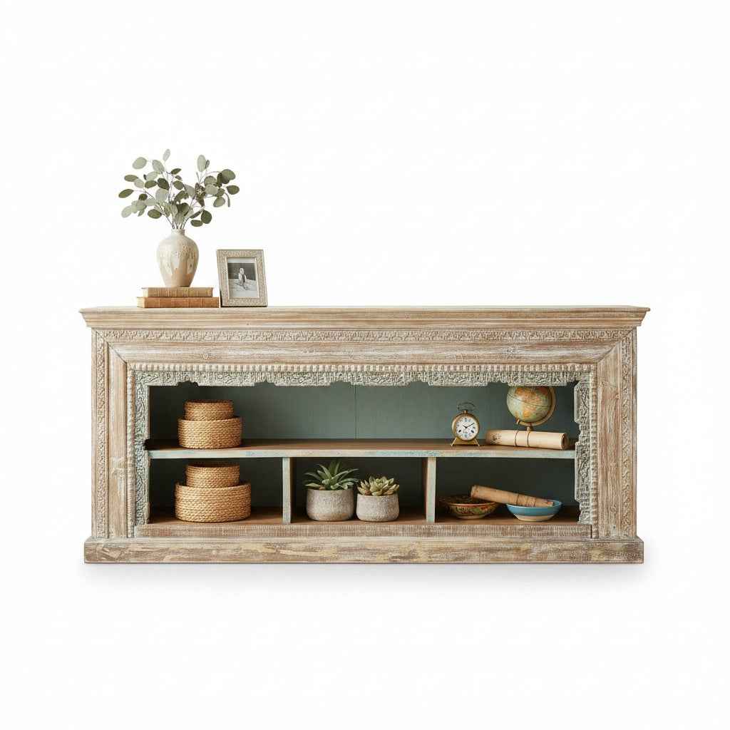 KB ART KB ART Whitewashed Carved Frame Open Shelf TV Console – Handcrafted Premium Solid Wood Jodhpur Rajasthani Decor – Handcrafted Boho Jodhpur Home Decor