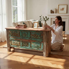 KB ART KB ART Distressed Teal Carved Panel Media Console – Handcrafted Premium Solid Wood Jodhpur Rajasthani Decor – Handcrafted Boho Jodhpur Home Decor