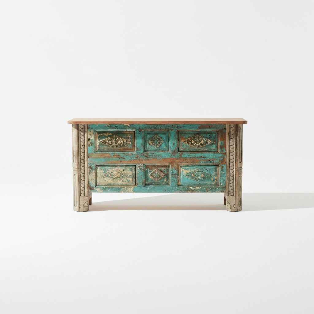 KB ART KB ART Distressed Teal Carved Panel Media Console – Handcrafted Premium Solid Wood Jodhpur Rajasthani Decor – Handcrafted Boho Jodhpur Home Decor
