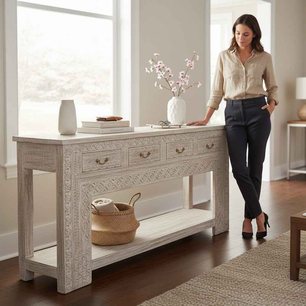 KB ART Whitewashed Carved 4 Drawer Console Table – Handcrafted Rajasthani Console Table for Home Decor Styling
