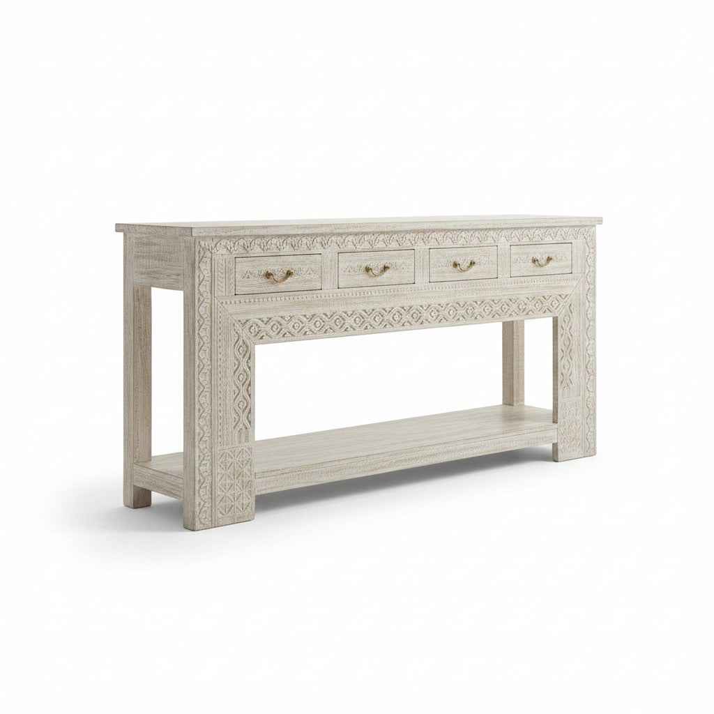 KB ART Whitewashed Carved 4 Drawer Console Table – Handcrafted Rajasthani Console Table for Home Decor Styling