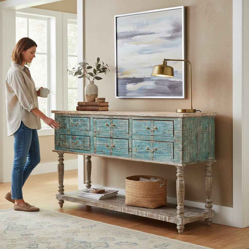 KB ART KB ART Distressed Teal Multi Drawer Console Table – Handcrafted Premium Solid Wood Jodhpur Rajasthani Decor – Handcrafted Boho Jodhpur Home Decor