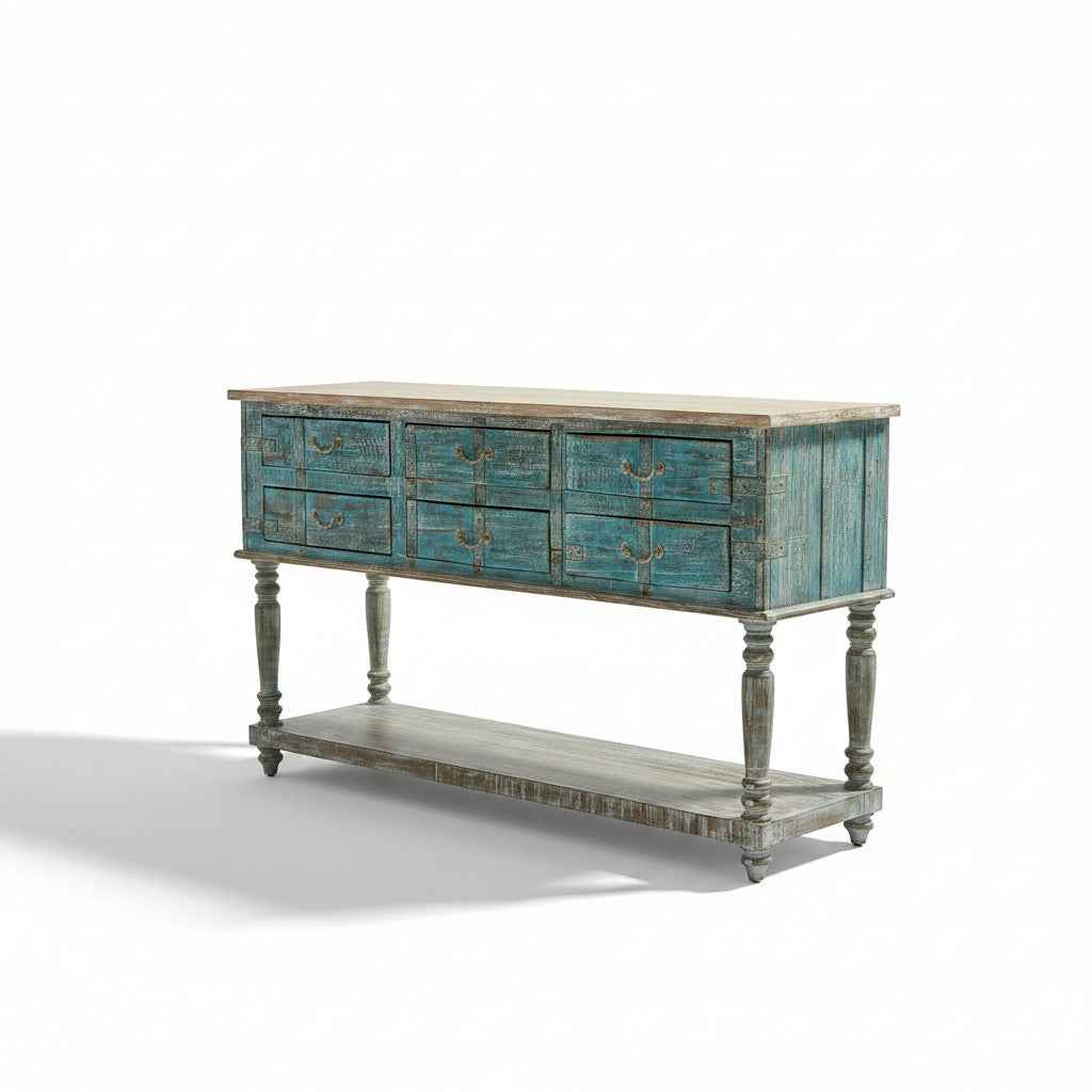 KB ART KB ART Distressed Teal Multi Drawer Console Table – Handcrafted Premium Solid Wood Jodhpur Rajasthani Decor – Handcrafted Boho Jodhpur Home Decor