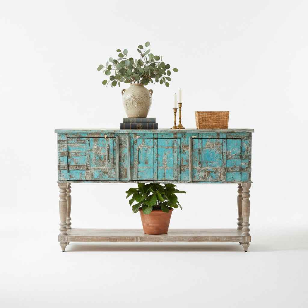 KB ART KB ART Patina Blue Wooden Door Console Table – Handcrafted Premium Solid Wood Jodhpur Rajasthani Decor – Handcrafted Boho Jodhpur Home Decor