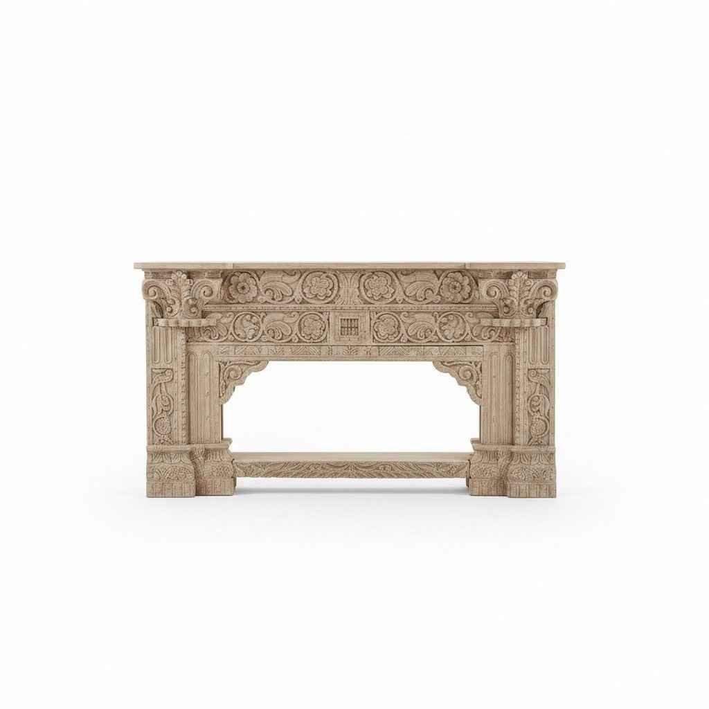 KB ART KB ART Ornate Carved Whitewashed Fireplace Mantel TV Console – Handcrafted Premium Solid Wood Jodhpur Rajasthani Decor – Handcrafted Boho Jodhpur Home Decor