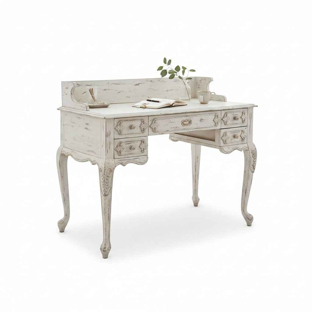 KB ART KB ART Distressed White French Country Writing Desk – Handcrafted Premium Solid Wood Jodhpur Rajasthani Decor – Handcrafted Boho Jodhpur Home Decor