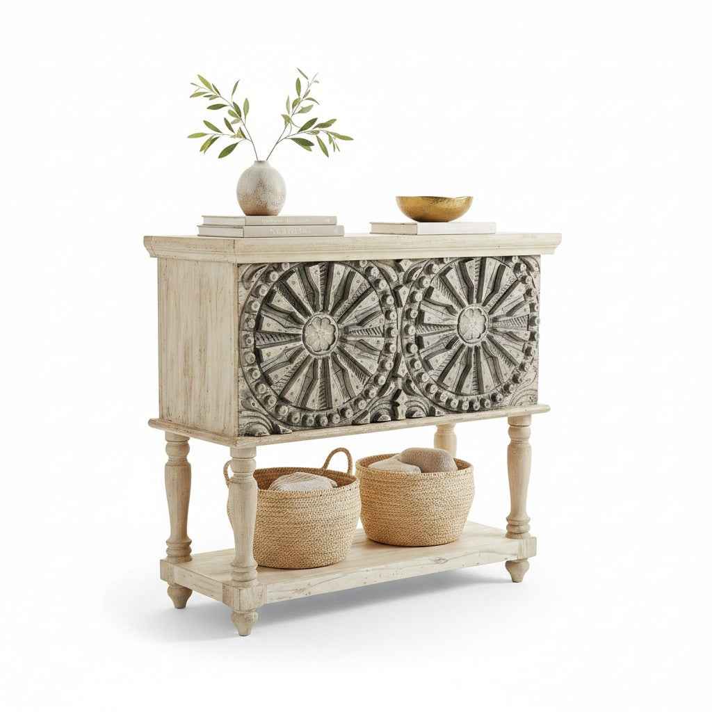 KB ART KB ART Whitewashed Chakra Rosette Carved Console Table – Handcrafted Premium Solid Wood Jodhpur Rajasthani Decor – Handcrafted Boho Jodhpur Home Decor