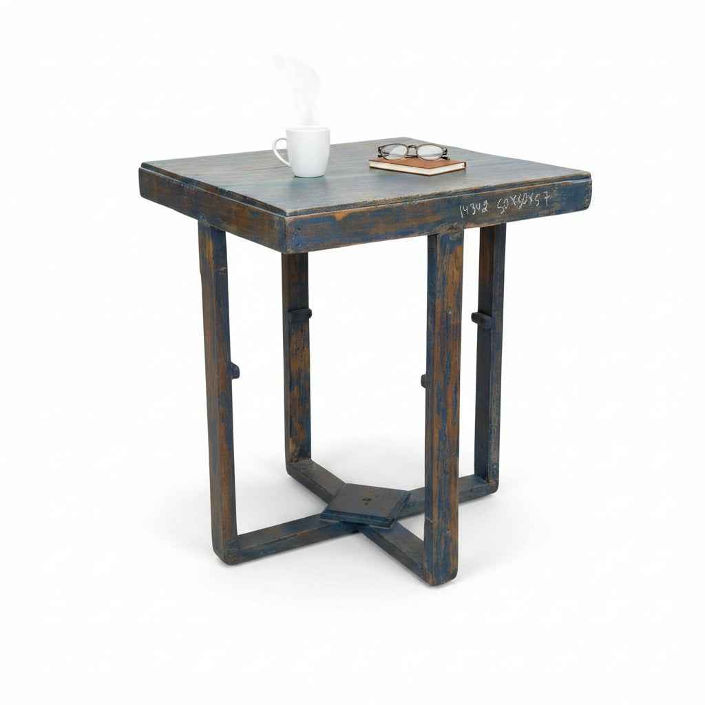 KB ART KB ART Distressed Blue Wooden Square Side Table – Handcrafted Premium Solid Wood Jodhpur Rajasthani Decor – Handcrafted Boho Jodhpur Home Decor