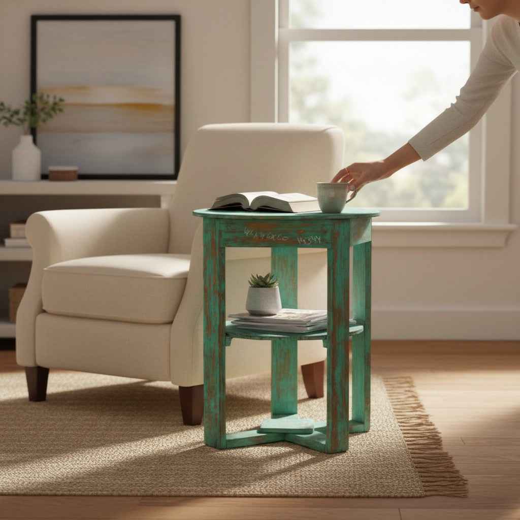 KB ART KB ART Patina Green Round Wooden Accent Table – Handcrafted Premium Solid Wood Jodhpur Rajasthani Decor – Handcrafted Boho Jodhpur Home Decor