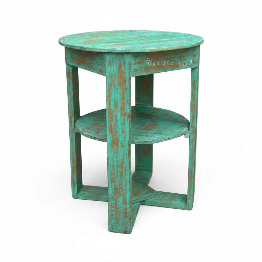 KB ART KB ART Patina Green Round Wooden Accent Table – Handcrafted Premium Solid Wood Jodhpur Rajasthani Decor – Handcrafted Boho Jodhpur Home Decor