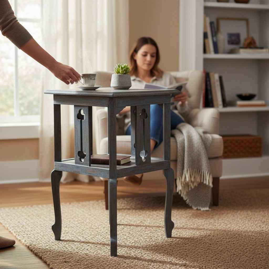 KB ART KB ART Distressed Grey Two Tier Wooden Side Table – Handcrafted Premium Solid Wood Jodhpur Rajasthani Decor – Handcrafted Boho Jodhpur Home Decor