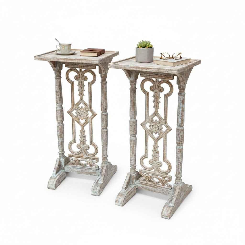 KB ART Whitewashed Carved Wooden Pedestal Stands Pair (Set of 2) – Handcrafted Rajasthani Jodhpur Home Decor