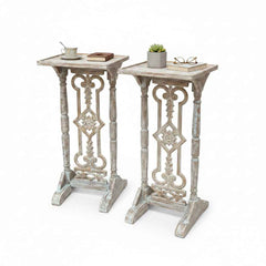 KB ART Whitewashed Carved Wooden Pedestal Stands Pair (Set of 2) – Handcrafted Rajasthani Jodhpur Home Decor