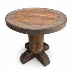 KB ART KB ART Rustic Round Wooden Pedestal Accent Table – Handcrafted Premium Solid Wood Jodhpur Rajasthani Decor – Handcrafted Boho Jodhpur Home Decor