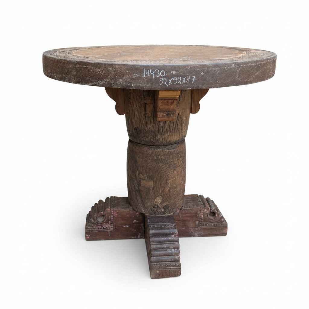 KB ART KB ART Architectural Pillar Wooden Round Table – Handcrafted Premium Solid Wood Jodhpur Rajasthani Decor – Handcrafted Boho Jodhpur Home Decor