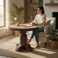 KB ART KB ART Heavy Turned Pillar Wooden End Table – Handcrafted Premium Solid Wood Jodhpur Rajasthani Decor – Handcrafted Boho Jodhpur Home Decor