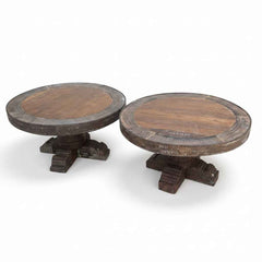 KB ART Rustic Round Grinder Top Coffee Tables Pair (Set of 2) – Handcrafted Rustic Jodhpur Home Decor