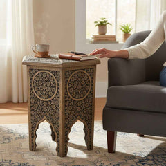KB ART KB ART Carved Wooden Hexagonal Accent Table – Handcrafted Premium Solid Wood Jodhpur Rajasthani Decor – Handcrafted Boho Jodhpur Home Decor
