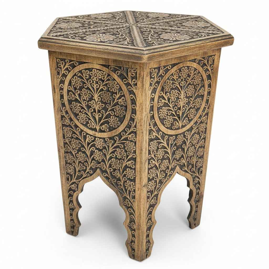 KB ART KB ART Carved Wooden Hexagonal Accent Table – Handcrafted Premium Solid Wood Jodhpur Rajasthani Decor – Handcrafted Boho Jodhpur Home Decor