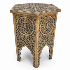 KB ART KB ART Carved Wooden Hexagonal Accent Table – Handcrafted Premium Solid Wood Jodhpur Rajasthani Decor – Handcrafted Boho Jodhpur Home Decor