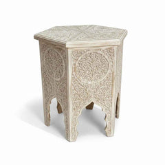 KB ART KB ART Whitewashed Carved Hexagonal Stool Table – Handcrafted Premium Solid Wood Jodhpur Rajasthani Decor – Handcrafted Boho Jodhpur Home Decor