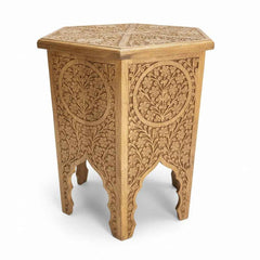 KB ART KB ART Natural Carved Wood Hexagonal Side Table – Handcrafted Premium Solid Wood Jodhpur Rajasthani Decor – Handcrafted Boho Jodhpur Home Decor