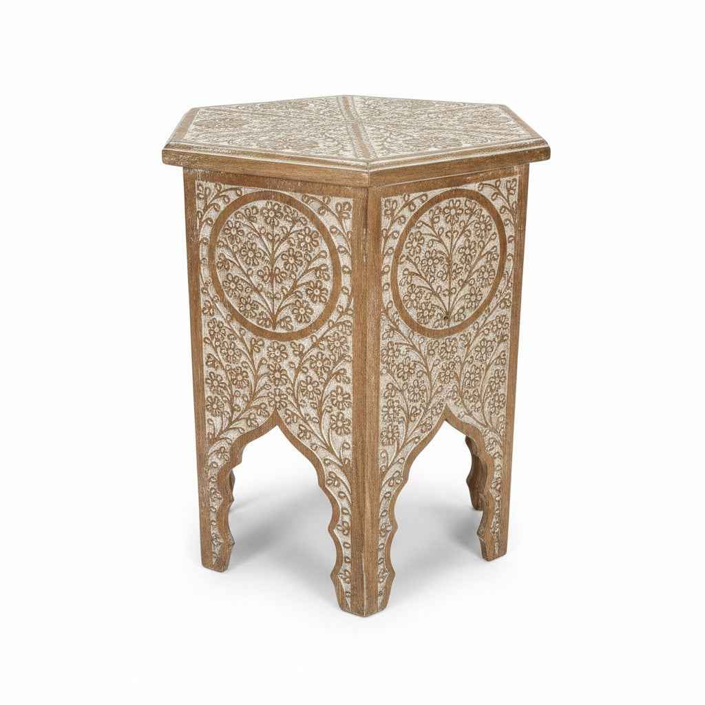 KB ART KB ART Distressed Carved Hexagonal End Table – Handcrafted Premium Solid Wood Jodhpur Rajasthani Decor – Handcrafted Boho Jodhpur Home Decor