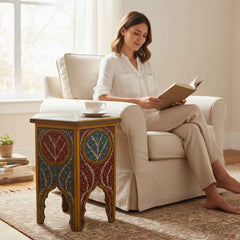 KB ART KB ART Yellow Hand Painted Hexagonal Accent Table – Handcrafted Premium Solid Wood Jodhpur Rajasthani Decor – Handcrafted Boho Jodhpur Home Decor