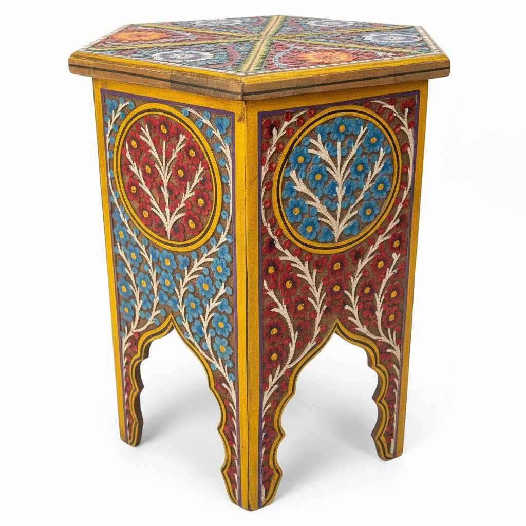 KB ART KB ART Yellow Hand Painted Hexagonal Accent Table – Handcrafted Premium Solid Wood Jodhpur Rajasthani Decor – Handcrafted Boho Jodhpur Home Decor