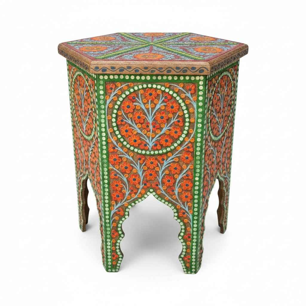 KB ART KB ART Green Hand Painted Floral Hexagonal Table – Handcrafted Premium Solid Wood Jodhpur Rajasthani Decor – Handcrafted Boho Jodhpur Home Decor