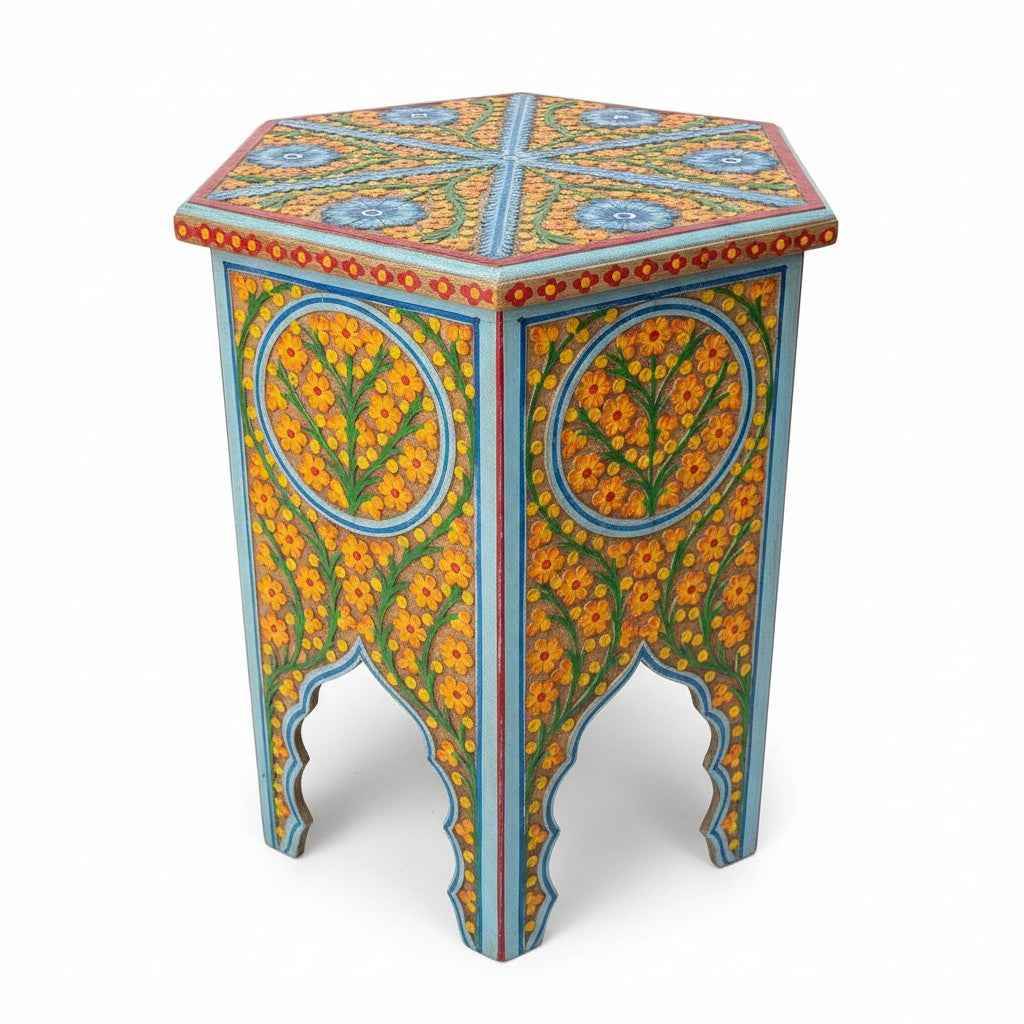 KB ART KB ART Light Blue Hand Painted Hexagonal Table – Handcrafted Premium Solid Wood Jodhpur Rajasthani Decor – Handcrafted Boho Jodhpur Home Decor