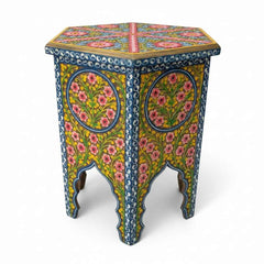KB ART KB ART Dark Blue Hand Painted Floral End Table – Handcrafted Premium Solid Wood Jodhpur Rajasthani Decor – Handcrafted Boho Jodhpur Home Decor