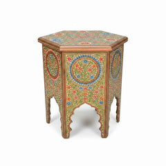 KB ART KB ART Hand Painted Hexagonal Wooden Side Table – Handcrafted Premium Solid Wood Jodhpur Rajasthani Decor – Handcrafted Boho Jodhpur Home Decor