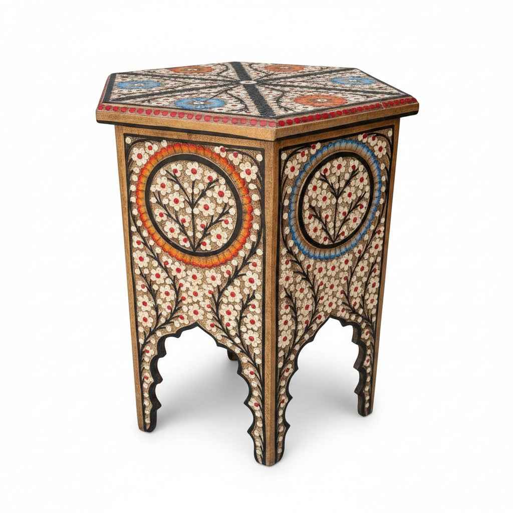 KB ART KB ART Indian Folk Art Painted Hexagonal Stool – Handcrafted Premium Solid Wood Jodhpur Rajasthani Decor – Handcrafted Boho Jodhpur Home Decor