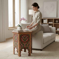 KB ART KB ART Moroccan Style Carved Hexagonal Accent Table – Handcrafted Premium Solid Wood Jodhpur Rajasthani Decor – Handcrafted Boho Jodhpur Home Decor