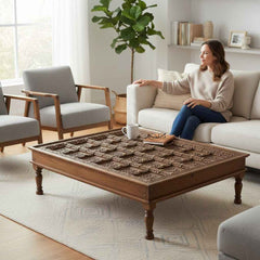 KB ART KB ART Large Carved Indian Door Wooden Coffee Table – Handcrafted Premium Solid Wood Jodhpur Rajasthani Decor – Handcrafted Boho Jodhpur Home Decor
