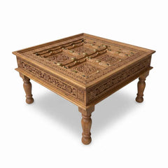 KB ART Hand Carved Floral Border Wooden Bajot Coffee Table – Handcrafted Rajasthani Jodhpur Home Decor