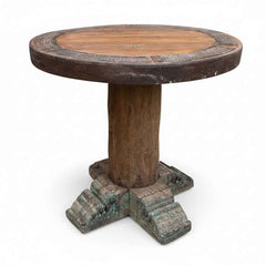 KB ART KB ART Green Patina Carved Pillar Round Table – Handcrafted Premium Solid Wood Jodhpur Rajasthani Decor – Handcrafted Boho Jodhpur Home Decor