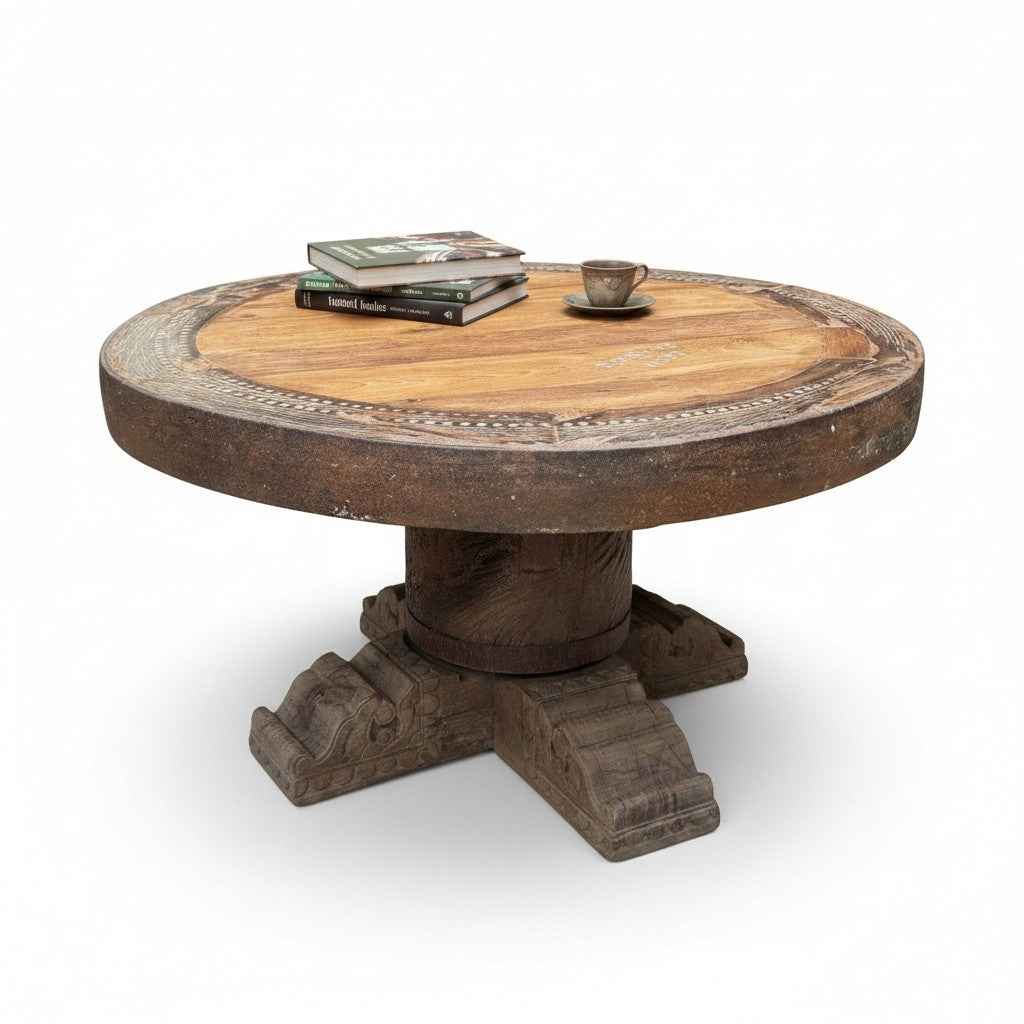 KB ART KB ART Reclaimed Wood Round Pillar Coffee Table – Handcrafted Reclaimed Solid Wood Jodhpur Rajasthani Decor – Handcrafted Boho Jodhpur Home Decor