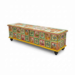 KB ART KB ART Hand-Painted Indian Folk Art Wooden Trunk – Handcrafted Wood & Wrought Iron Jodhpur Rajasthani Decor – Handcrafted Boho Jodhpur Home Decor