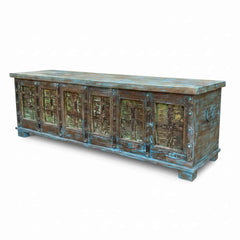 KB ART KB ART Distressed Blue Iron-Fitted Wooden Chest – Handcrafted Wood & Wrought Iron Jodhpur Rajasthani Decor – Handcrafted Boho Jodhpur Home Decor