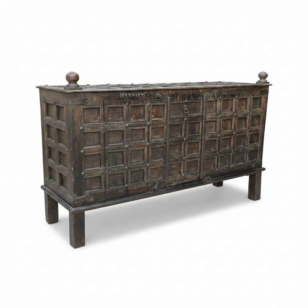 KB ART KB ART Antique Dark Wood Grid Panel Cabinet – Handcrafted Wood & Wrought Iron Jodhpur Rajasthani Decor – Handcrafted Boho Jodhpur Home Decor