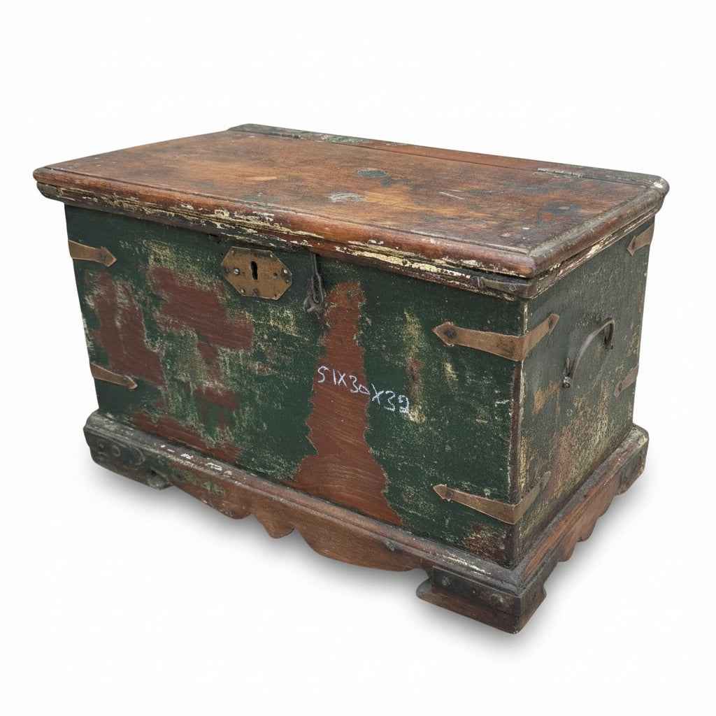 KB ART KB ART Rustic Chippy Green Wooden Storage Trunk – Handcrafted Wood & Wrought Iron Jodhpur Rajasthani Decor – Handcrafted Boho Jodhpur Home Decor