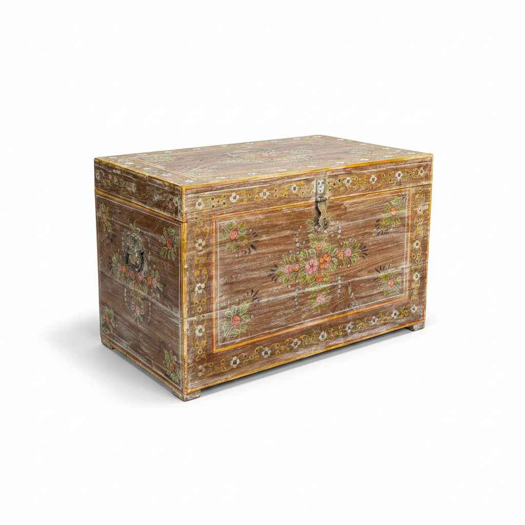 KB ART KB ART Whitewashed Hand-Painted Floral Wooden Trunk – Handcrafted Wood & Wrought Iron Jodhpur Rajasthani Decor – Handcrafted Boho Jodhpur Home Decor
