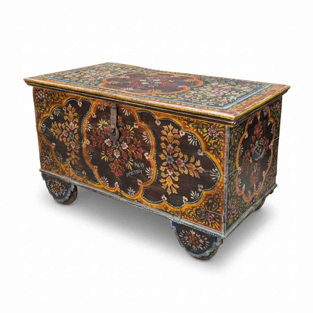 KB ART KB ART Hand-Painted Floral Folk Art Coffee Table Trunk – Handcrafted Premium Solid Wood Jodhpur Rajasthani Decor – Handcrafted Boho Jodhpur Home Decor