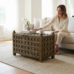 KB ART KB ART Hand-Painted Yellow Floral Grid Storage Trunk – Handcrafted Wood & Wrought Iron Jodhpur Rajasthani Decor – Handcrafted Boho Jodhpur Home Decor