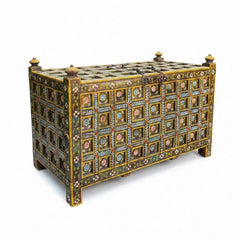 KB ART KB ART Hand-Painted Yellow Floral Grid Storage Trunk – Handcrafted Wood & Wrought Iron Jodhpur Rajasthani Decor – Handcrafted Boho Jodhpur Home Decor