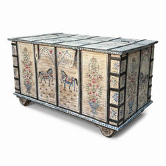 KB ART KB ART Whitewashed Painted Horse Motif Blanket Box – Handcrafted Wood & Wrought Iron Jodhpur Rajasthani Decor – Handcrafted Boho Jodhpur Home Decor