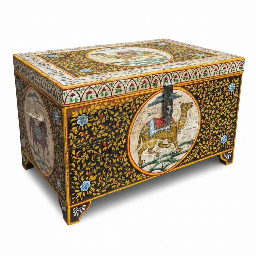 KB ART KB ART Traditional Indian Painted Camel Storage Chest – Handcrafted Wood & Wrought Iron Jodhpur Rajasthani Decor – Handcrafted Boho Jodhpur Home Decor